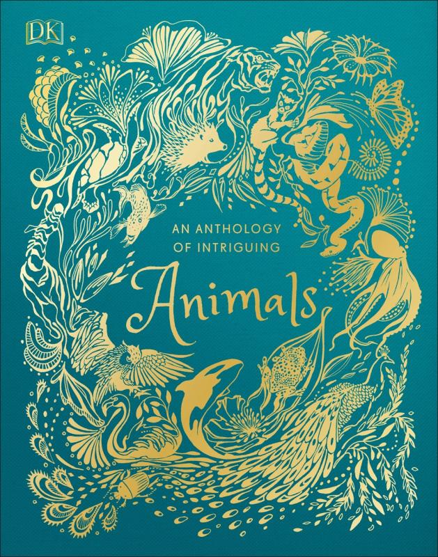 Blue-green book cover featuring detailed animal illustrations in gold foil.
