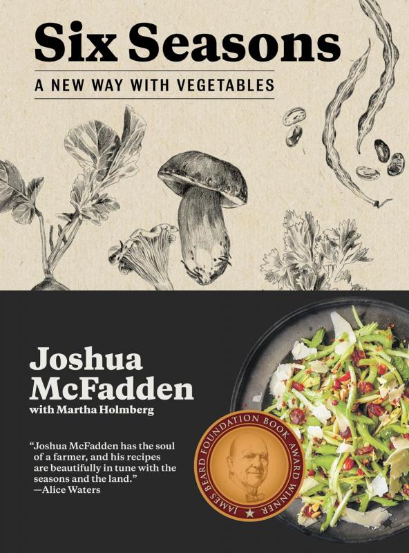 black and white illustrations of vegetables in the top half of the cover, and a color image of a completed meal below. 