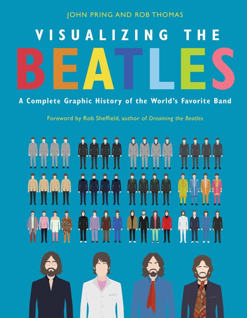 the four beatles stand in a row along the bottom of the front cover with more rows of them above in different outfits and much smaller.