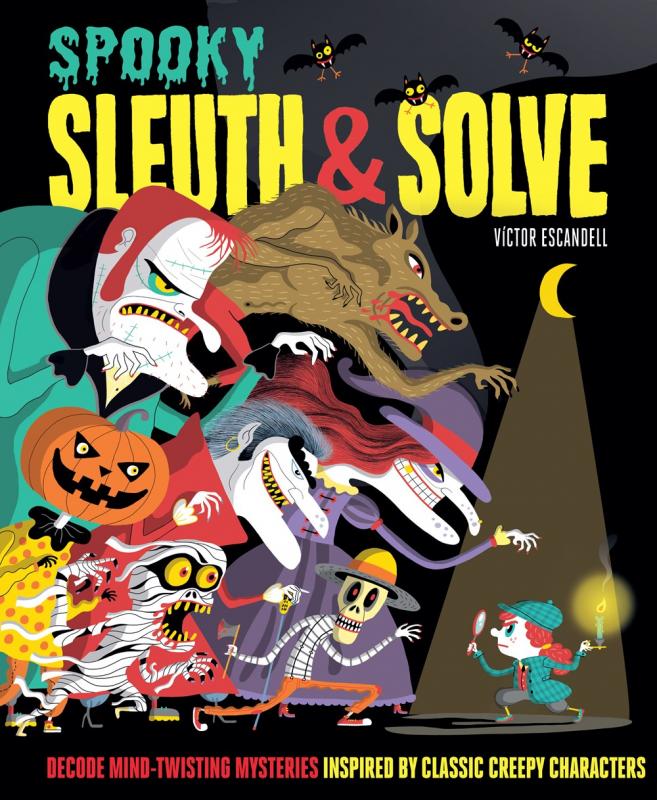 a horde of monsters on the left including a witch, a werewolf, a mummy and others all leer hungrily at a small human in a sherlock holmes outfit with a magnifying glass on the right, illuminated by the light of a crescent moon