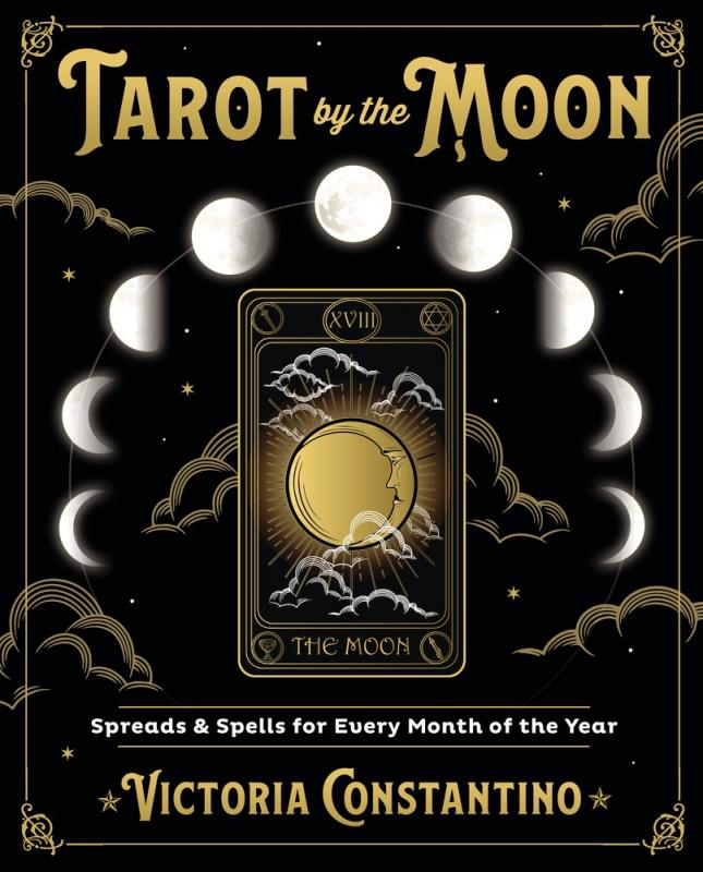 a series of moon phases above a tarot card with a glowing golden orb at its center