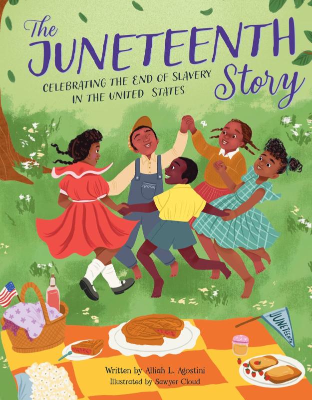 an illustration of five Black children dancing next to a picnic spread
