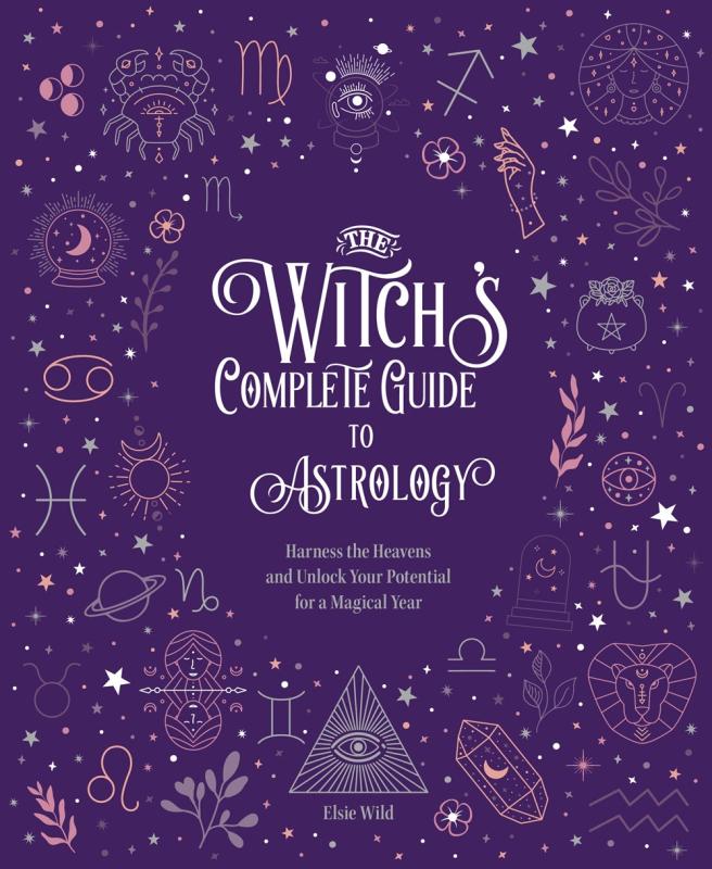 various astrological and witchy symbols against a purple background