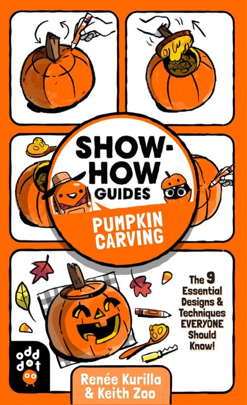 the cover divided up into 5 panels, with different steps of carving a pumpkin illustrated in each panel