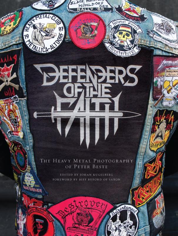 a denim jacket with various patches with the title text embroidered on and a sword through the word 'faith'
