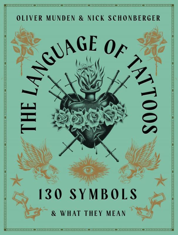 a flaming heart tattoo pierced with swords and ringed with roses at the center of the cover, with flowers, eagles, eyes, and chains positioned around it, all against a teal background
