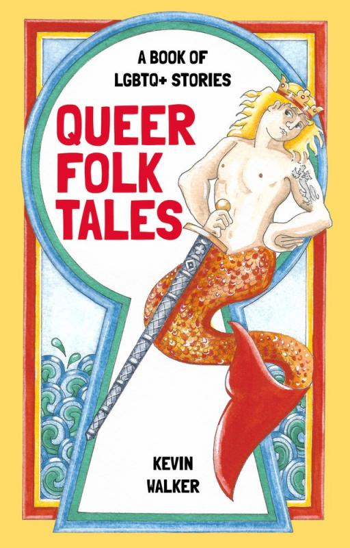 a merman wearing a crown and holding a sword hovers in a keyhole shape