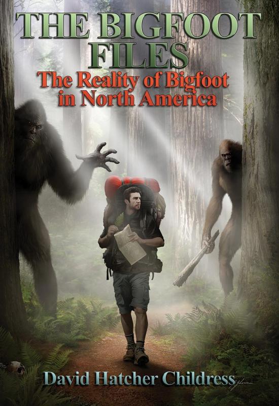 an illustration of a backpacker walking down a trail holding a map with two sasquatches behind him, one carrying a giant club