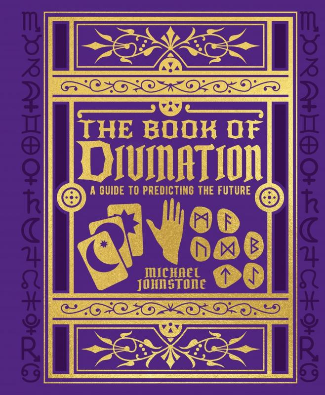 a purple cover with gold lettering, some tarot cards, a hand held out as if for palmistry, and some runes