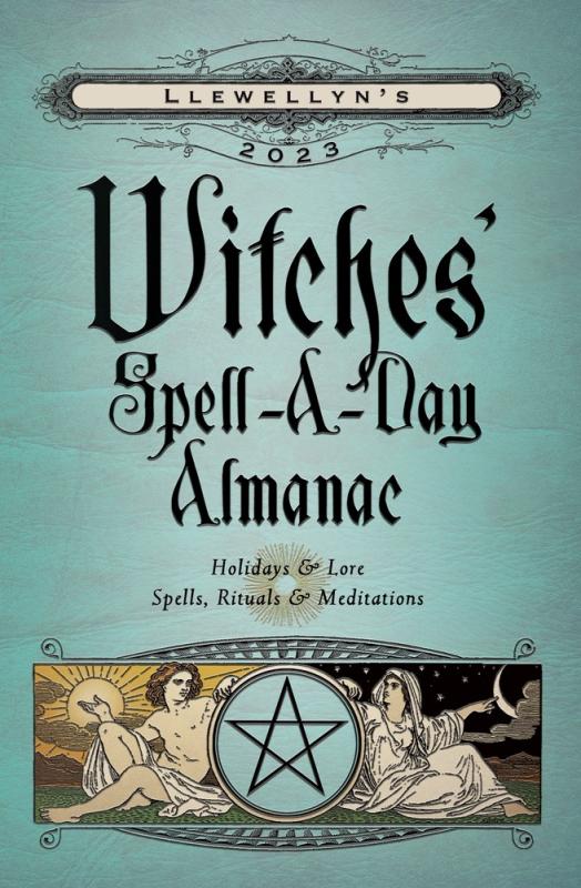 a pentagram in a circle with two classically painted figures leaning on either side of it and the title above it in slanty witchy font