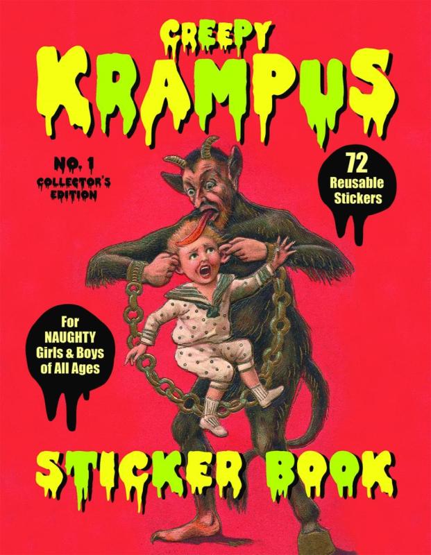 an illustration of Krampus holding a child by the ears 