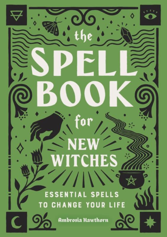 illustrations of a cauldron with a pentagram and steam rising from it, a hand plucking a petal from a flower, various symbols in each corner, and a crystal and a moth