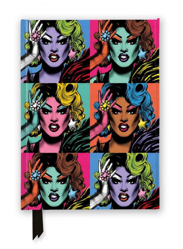 a foiled journal with repeating, brightly colored images of a drag queen