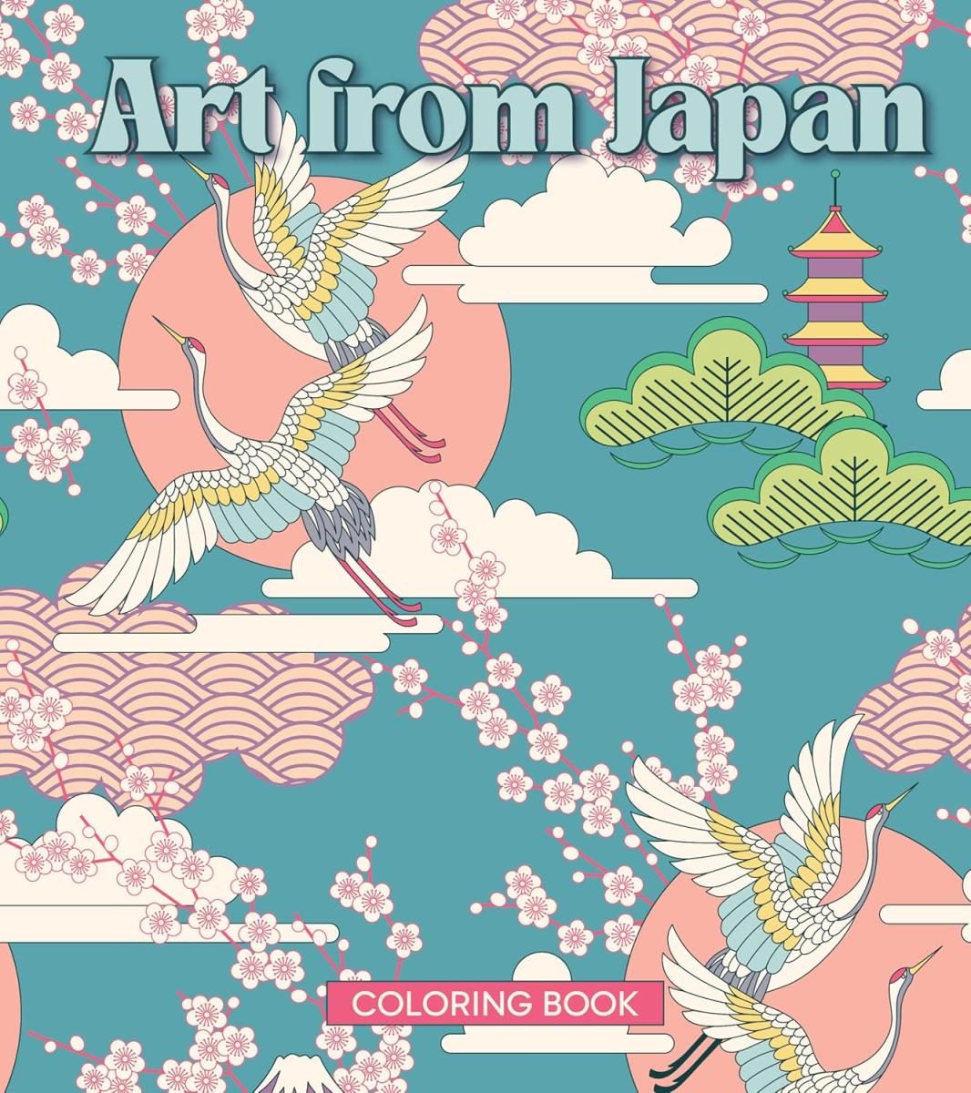 blue cover with pink clouds and cranes flying in the sky