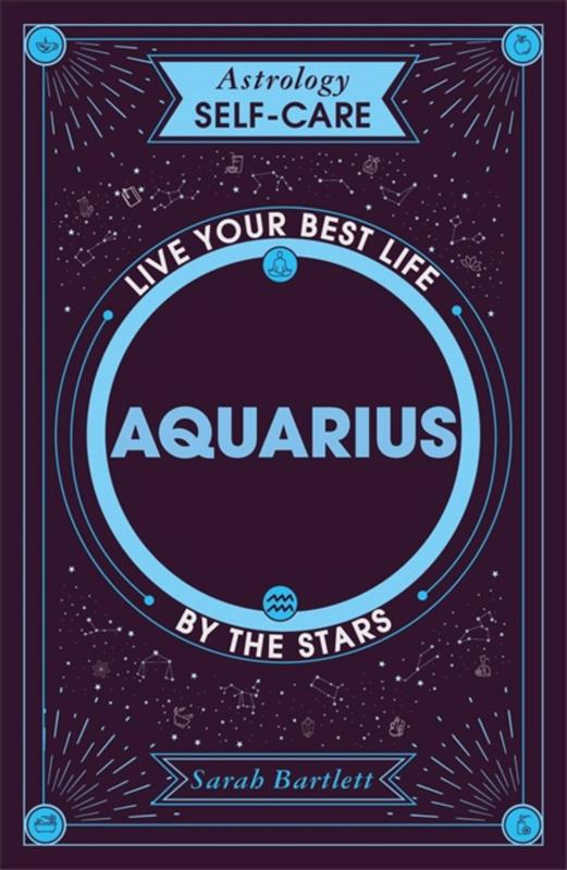 the word aquarius enclosed in a blue circle, with the title around it against a purple background