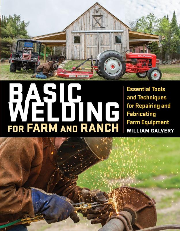 two sections divided by a black banner with the info text, above a barn and equipment and below a welder working on a pipe