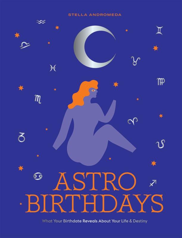 a figured sitting facing a crescent moon, with astrological symbols sprinkled through the background like stars