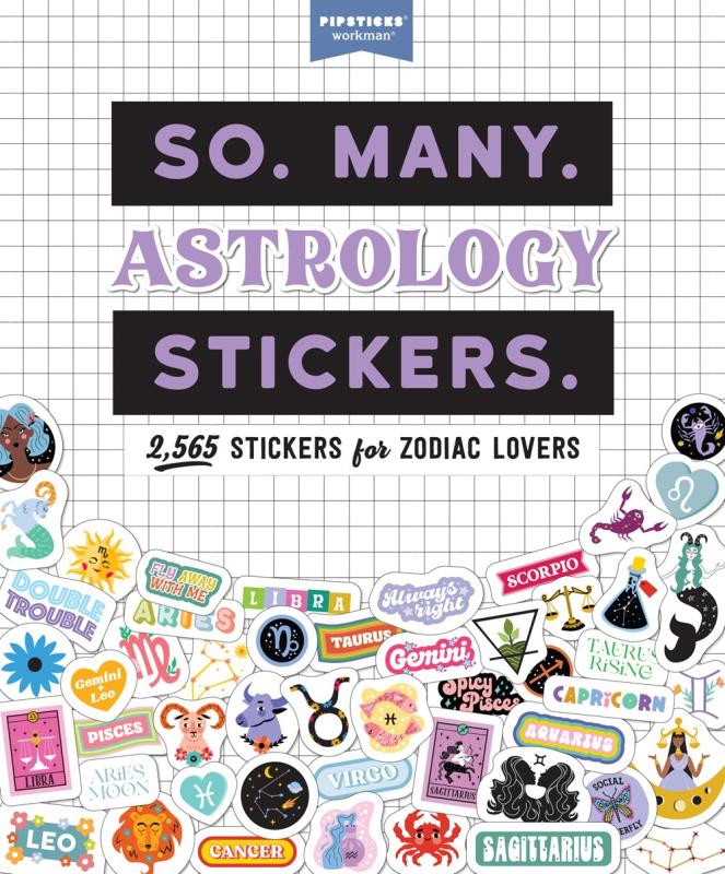 Quadrille background with skeuomorphic gravity showing stickers filling the bottom of the cover with astrologically themed stickers featured in the book. 