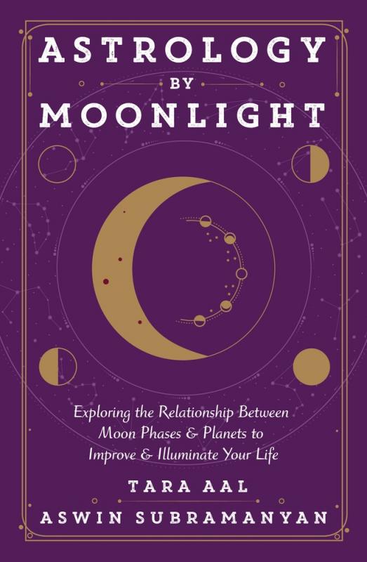 a crescent moon on a purple background, with the other phases of the moon in the corners of the cover
