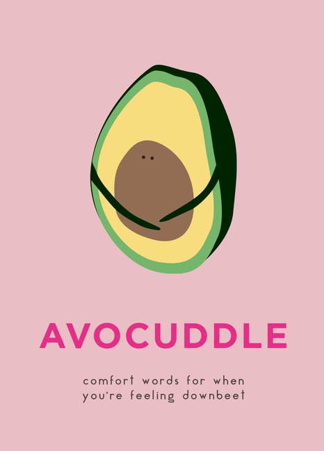 a cute avocado, cut in half with pit,is hugging itself