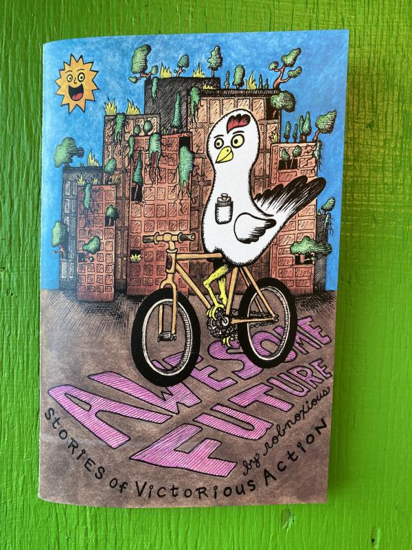 a chicken with a flask in its front pocket riding a bicycle through a town of skyscrapers overgrowing with trees and other vegetation