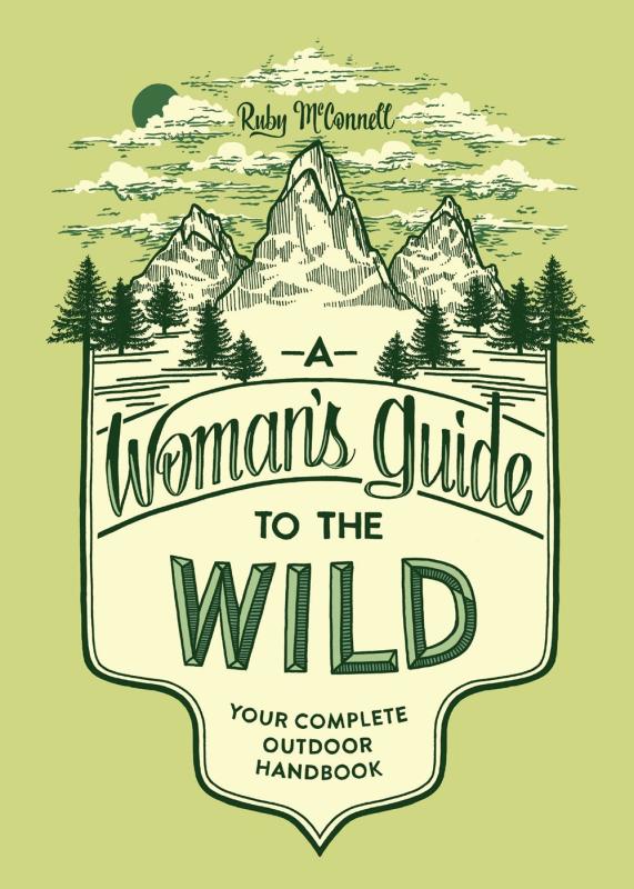 Light green background with text inside a badge motif where the top is a cloudy, forested mountain landscape