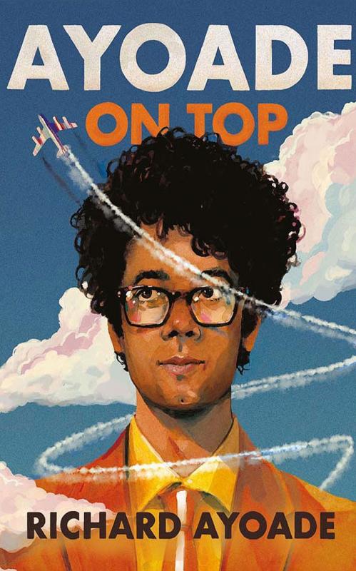 a man with glasses stands apparently tall enough to reach the clouds, with an airplane flying loops around his torso