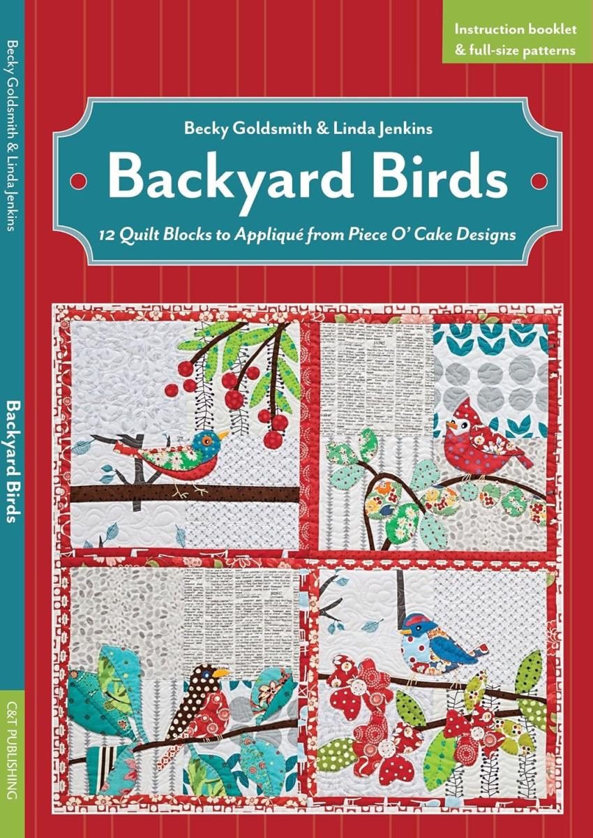 collage of bird stitches on blocks with white text in teal banner on red cover