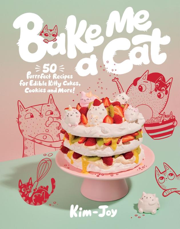 A photograph of a colorful tiered confection, with cat details. Behind it are illustrations of cats on a green to pink gradient