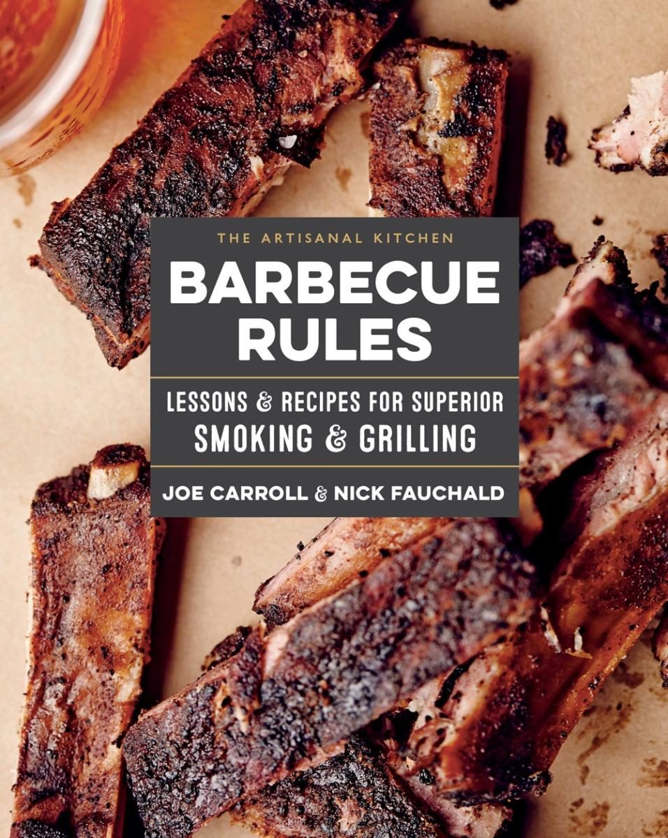 cutting board with strips of burnt meat with white text