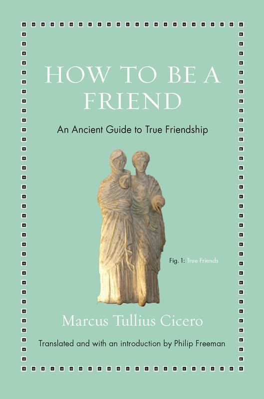Ancient statue of two people side by side with caption identifying them as "true friends"