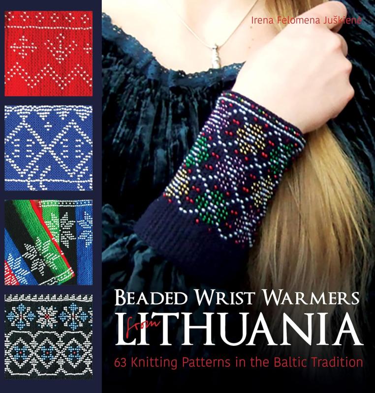 close up of a wrist warmer on a persons arm with collage of designs on the sides with white text