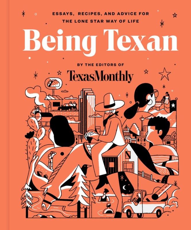 An orange cover with illustrations of various Texans but obviously the most prominent of them is a cowboy.