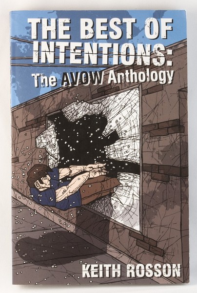 A book cover with a man jumping through a window