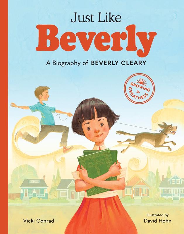 Beverly Clearly hugging several books to her chest while a dog drags a boy holding onto his leash.