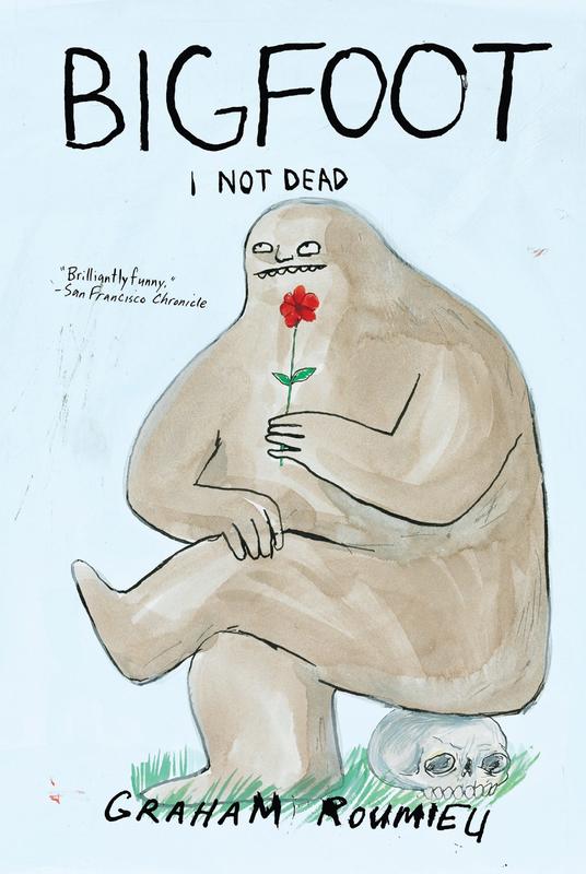 bigfoot sits on a skull and sniffs a rose