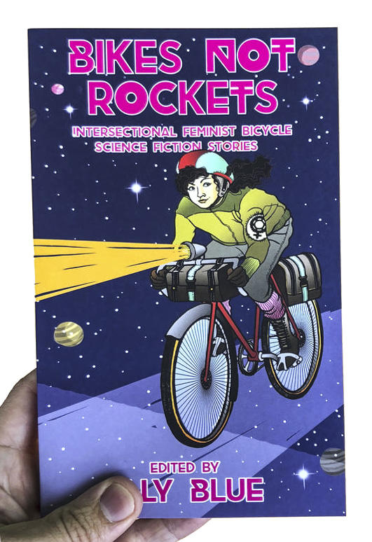 A book cover featuring a woman riding a bike in space