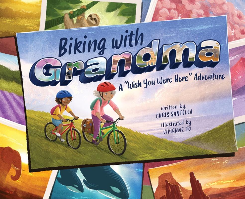 A "postcard" of a kid biking with grandma on top of other "postcards."