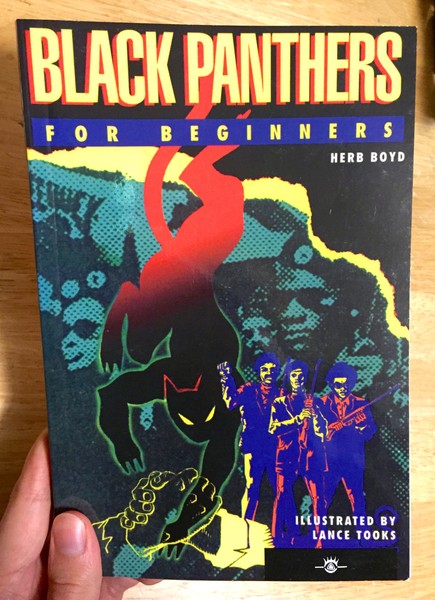 Black book cover depicting a black and red panther, three musicians, and some political activists