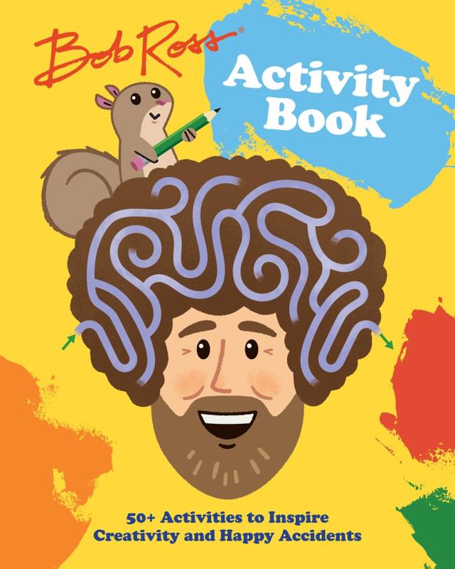 Drawing of Bob Ross's face surrounded by splashes of colorful paint. There is a squirrel in his hair.