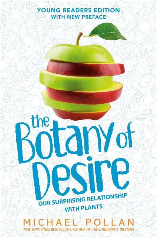 white cover with slices of red and green apple to form one apple and bold blue text