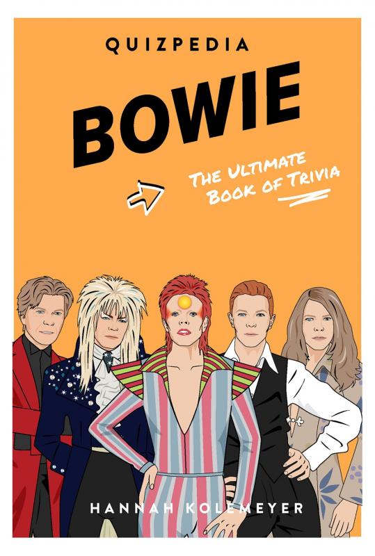 five different illustrations of Bowie wearing a variety of outfits