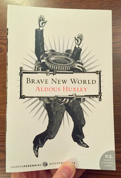 Cover of Brave New World by Aldous Huxley [A man's body with his head replaced by a gear, for Ford's sake!]