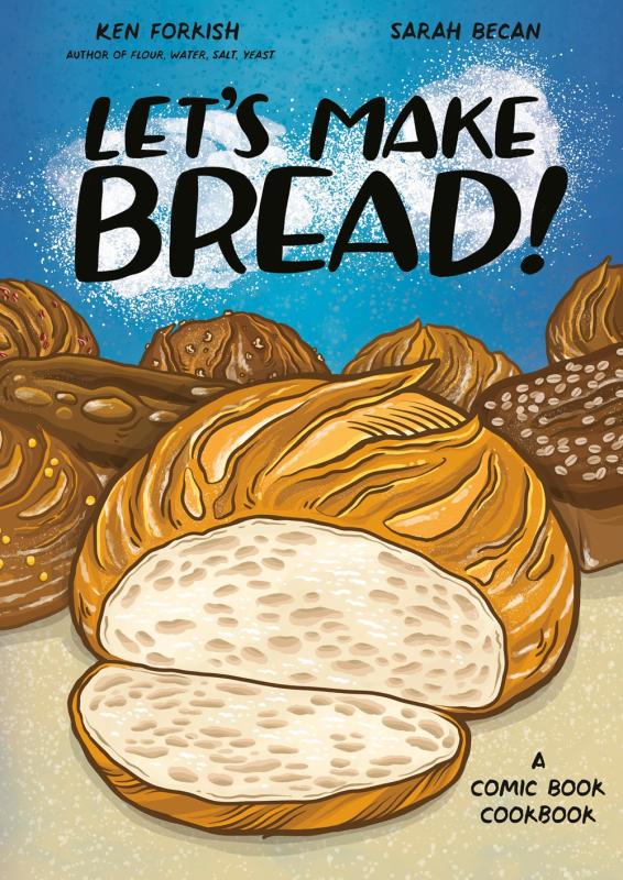 an illustration of a cut loaf of bread, with other breads behind it