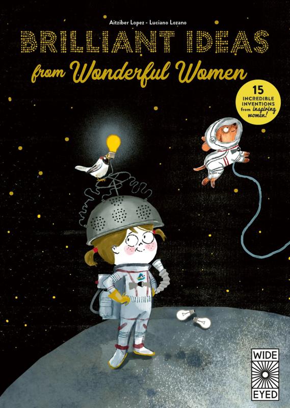 an illustration of a girl wearing a colander on her head standing on the moon with a bird perched atop her head and a dog in a space suit floating nearby