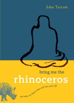 the outline of a person meditating with their legs crossed, with blue on the top half of the cover and yellow on the other half, and a rhinoceros in the bottom left