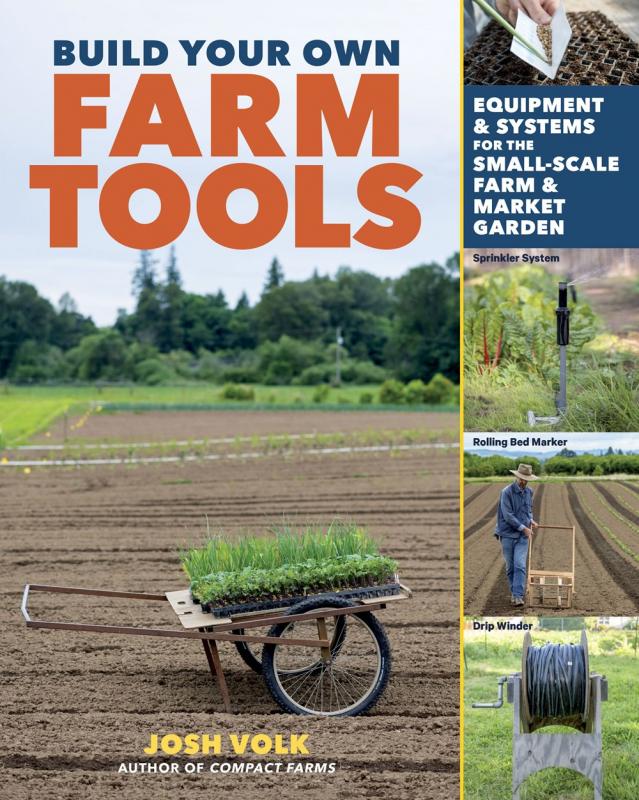 a cart in a plowed field with seedlings on it, and four photos of farmers working with tools on the right hand side of the cover