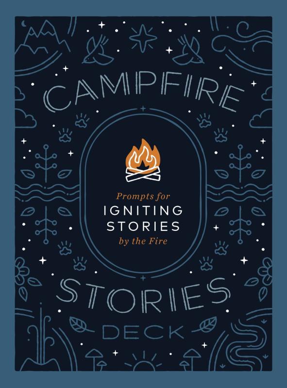 Line motifs title in the center of the same opacity, with a campfire figure in the center surrounded by title, above the subtitle 