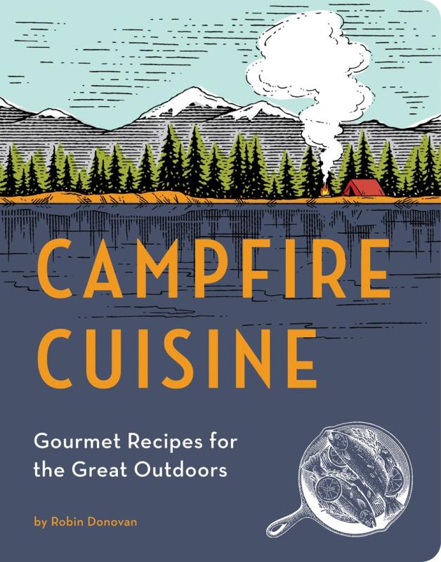 illustration of a lake with sky and fire smoke from campsite with bold orange text