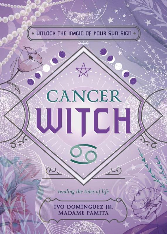 a light purple cover with images of flowers, pearls, and the cancer symbol
